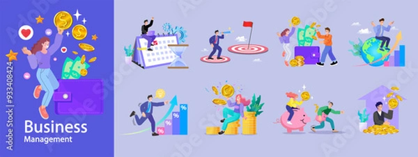 Fototapeta Financing business activities. Set of people in various activities of online business, startup, management, project development, communication, social media, data analysis. Business concept. vector