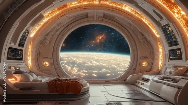 Fototapeta futuristic spacecraft interior with curved walls holographic control panels vast star field visible through panoramic window