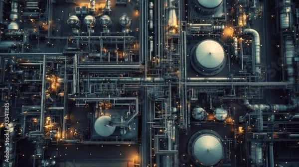 Fototapeta Large industrial plant with tanks and pipelines running through a complex network