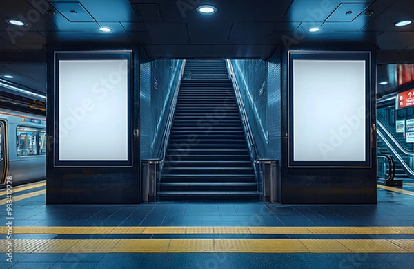 Fototapeta A modern subway station featuring two large vertical poster mockups on either side of a central staircase. 