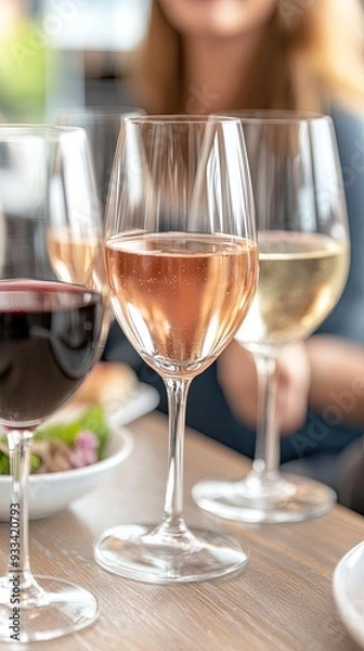 Fototapeta Four beautifully arranged wine glasses showcasing different varieties sit on a sleek table in a warm, inviting restaurant environment.