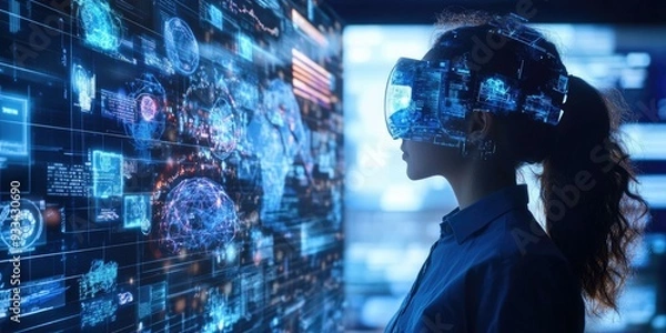 Fototapeta Person wearing futuristic glasses, viewing data screen.