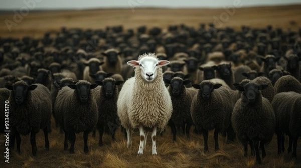 Fototapeta A striking image of a lone white sheep standing confidently among a flock of black sheep in a vast outdoor setting, symbolizing uniqueness and individuality.