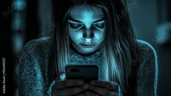 Fototapeta Victim harassment receiving threatening messages on their phone, feeling trapped and isolated as they navigate through a hurtful words