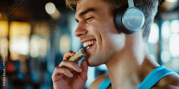 Fototapeta A man with headphones on is smiling and eating a protein bar