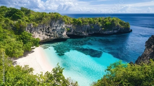Obraz Secluded Cove with Turquoise Waters and White Sandy Shores, Nestled Among Towering Cliffs and Lush Vegetation. AI generated illustration