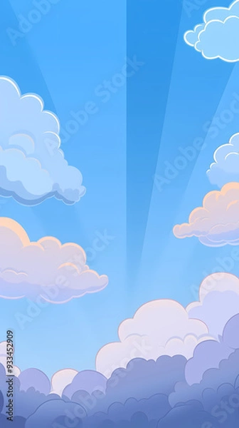 Obraz Vector evening sky clouds. Anime style background with shining sun and white fluffy clouds. Sunny day sky scene cartoon vector illustration.