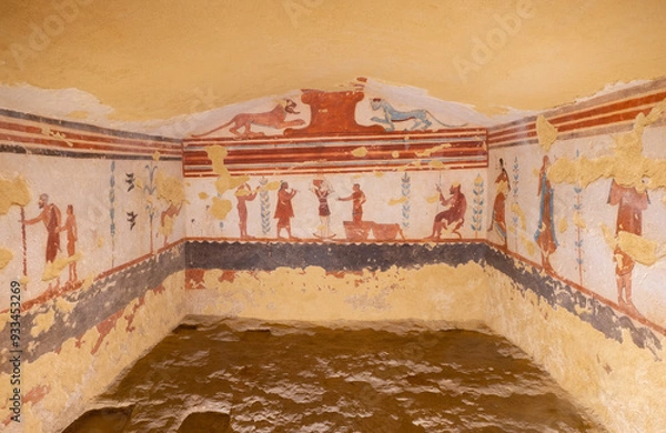Fototapeta Vivid fresco of Etruscan Tomb of Acrobats(jugglers)  Necropolis of  Tarquinia