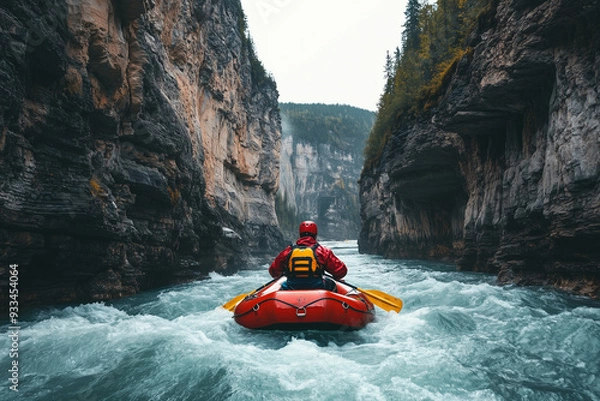 Fototapeta  Adventurous Man Rafting Through Narrow Mountain Canyon, Thrilling Rapids Ahead
