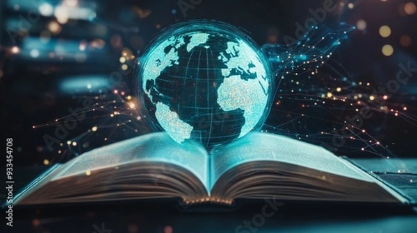 Fototapeta AI-powered education, holographic open book and interactive global map