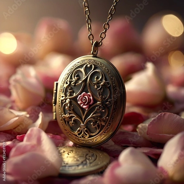 Fototapeta Vintage locket with tiny photo and rose petals Illustration