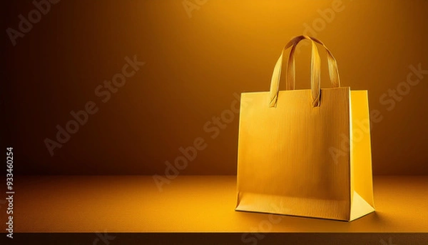 Obraz Composition of yellow paper shopping bag on yellow background, space for text
