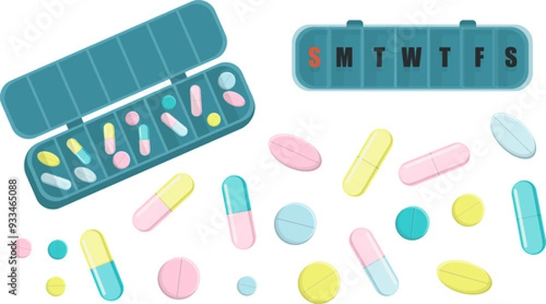 Obraz Vector set scattered tablet, capsule and pill from tablet organizer, close up medication box for every day of the week. Minimalistic medical concept in pastel colors in simple flat style.