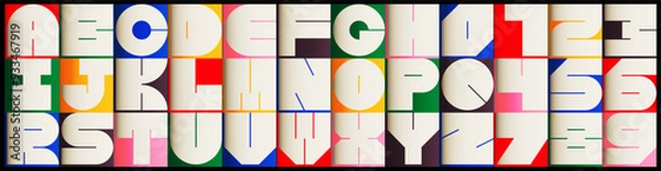 Fototapeta Bright and bold geometric alphabet and numbers in a modern Art Deco style. This colorful, abstract vector design is perfect for creative typography, digital art, and stylish graphic design projects.
