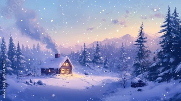 Fototapeta A snowy anime landscape with a cozy cabin nestled in the woods, smoke rising from the chimney, and soft snowflakes falling from the sky.