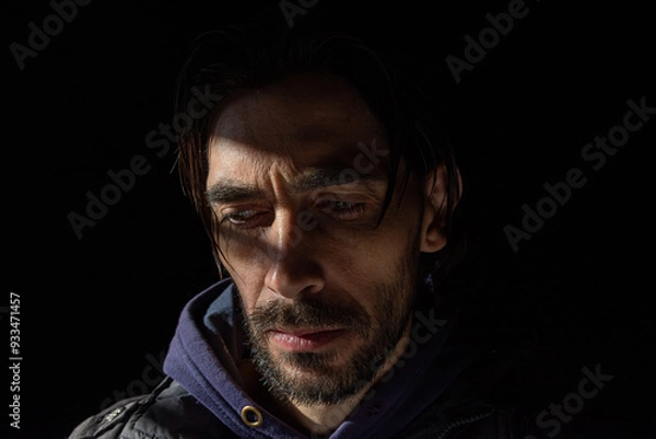 Obraz mirada baja de hombre con poca luz sobre su rostro