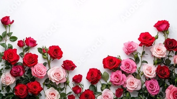 Fototapeta Red and pink roses in an abstract arrangement on a white background