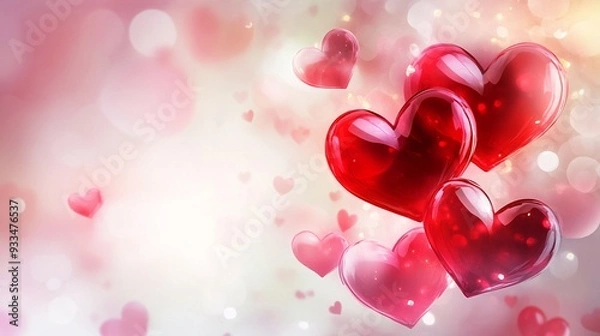 Fototapeta Abstract red and pink hearts with a soft glow on a light background