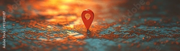 Fototapeta Urban Navigation: Focused 3D Location Mark on City Map Indoors with Ambient Lighting for Advertising Banner