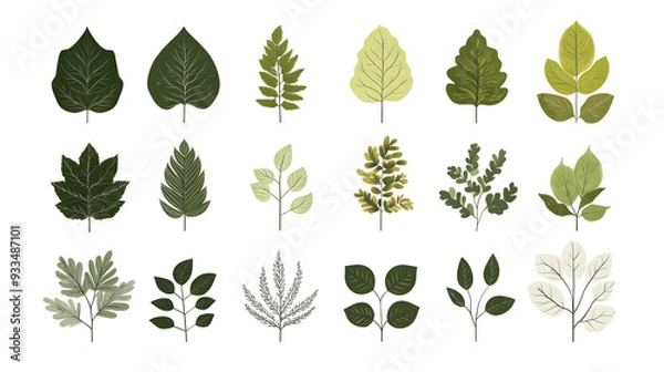 Fototapeta Minimalistic illustration collection of different green leaves and plants isolated on white background