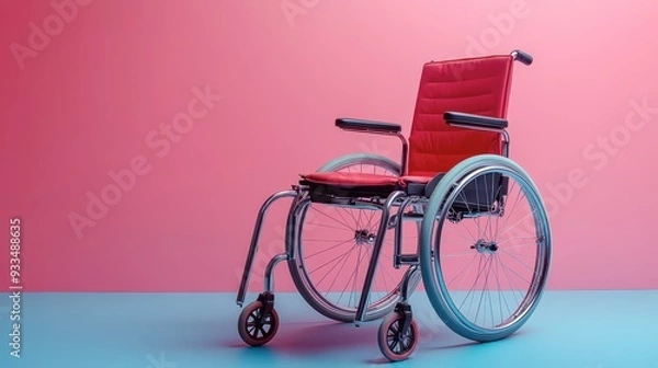 Fototapeta Red wheelchair on a colorful background in a studio setting