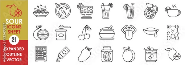 Fototapeta A set of line icons related to Sour. Sour, lemon, juice, tea, plum, orange, yogurt, saliva, gummy, mango, candy, sauce, and so on. Vector outline icons set.