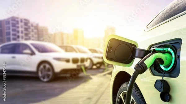 Obraz Electric vehicle charging station in focus with several cars in the blurred background, electric vehicle, charging station, green energy