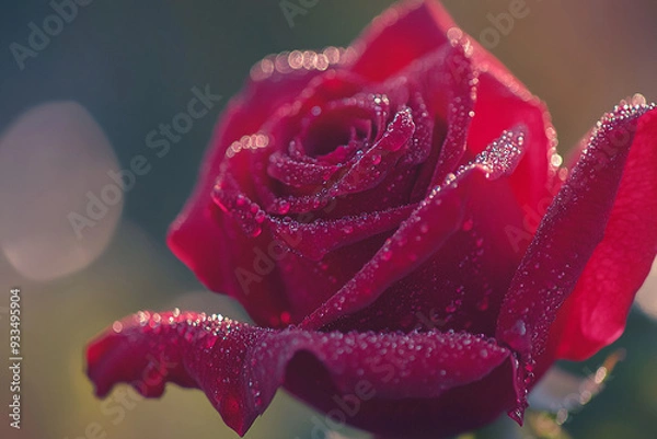 Fototapeta Close-up of a single red rose with dewdrops theme