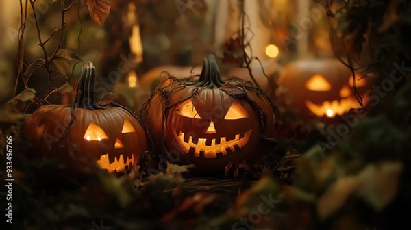 Fototapeta A group of Halloween pumpkins with detailed carvings, their eerie faces lit from within by flickering candles, surrounded by leaves and vines on a dimly lit surface