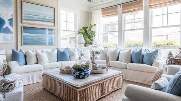 Fototapeta Coastal-inspired family room with beachy vibes them