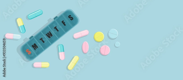 Obraz Vector banner scattered tablet, capsule and pill from tablet organizer, close up medication box for every day of the week. Minimalistic medical concept in pastel colors in simple flat style.