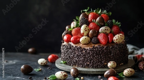 Fototapeta A beautifully presented Easter chocolate cake topped with strawberries, bog whortleberry, and candies, set against a dark background, with chocolate quail eggs scattered around.
