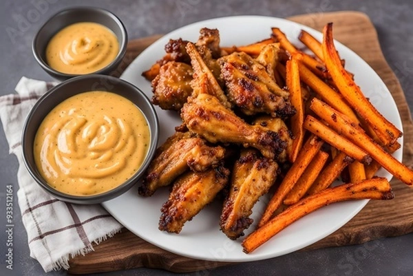 Fototapeta Oven baked chicken wings coated in a tangy honey mustard sauce served with a side of sweet potato, AI Generated