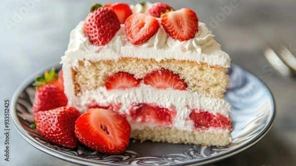 Fototapeta A close-up of a slice of strawberry cake with whipped cream and strawberry slices on top, served on a dessert plate.