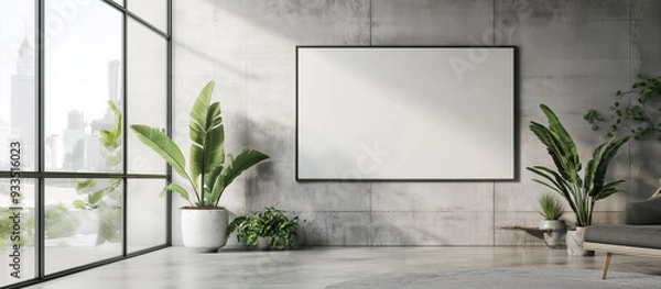 Fototapeta Poster mockup with a frame in a room interior. Artwork or painting framed mock up horizontal in a modern space for interior design presentations, home decor projects, office decor 
