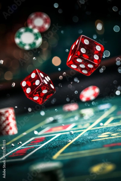 Fototapeta A close-up of a craps table capturing dice mid-air, with poker chips in the background, highlighting the excitement of gambling.
