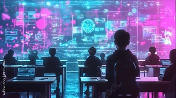 Fototapeta Futuristic AI-powered Classroom with Holographic Teachers and Interactive Learning Tools