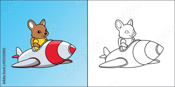 Fototapeta Cute bunny riding a space rocket suitable for kids coloring page vector illustration