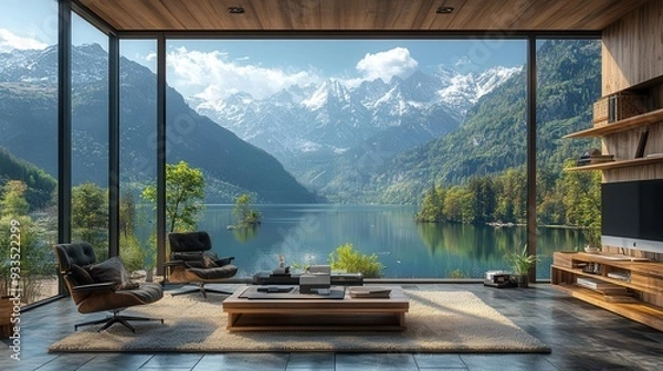 Fototapeta serene mountain vista as immersive virtual meeting background photorealistic detail blends with subtle digital enhancements zeninspired home office setup in foreground