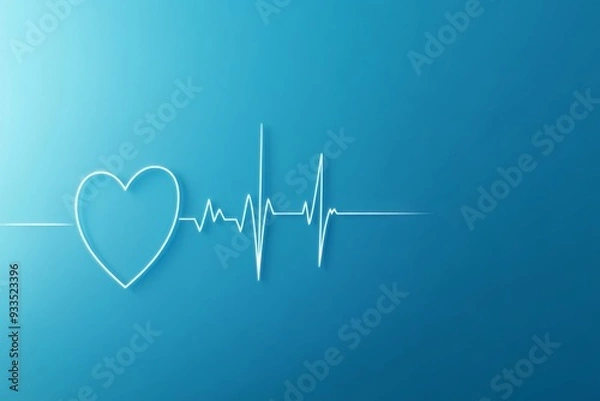 Fototapeta Clean and simple illustration of a heartbeat line transitioning into a heart shape against a minimalistic blue background, representing health, vitality, and emotional wellbeing.