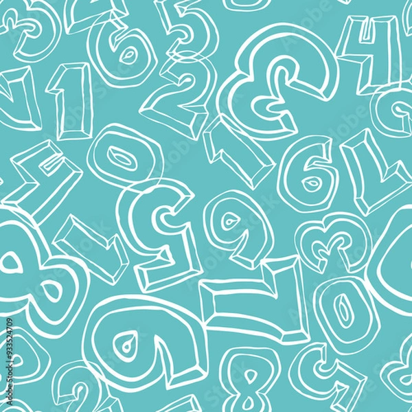 Fototapeta Hand drawn numbers seamless vector pattern for digital background, wallpaper and textile print. Cartoon style drawing. Education and finance theme, school lettering mathematic.