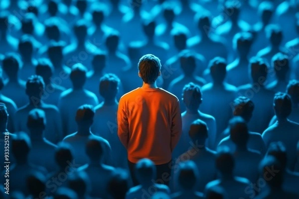 Fototapeta A solitary person dressed in an orange shirt stands out prominently in a sea of blue-clad individuals, symbolizing individuality and uniqueness in a crowd.