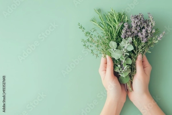 Fototapeta Hands cradling a vibrant bouquet of medicinal herbs, lush green backdrop, inviting space for informative text above, highlighting the beauty and utility of nature's remedies