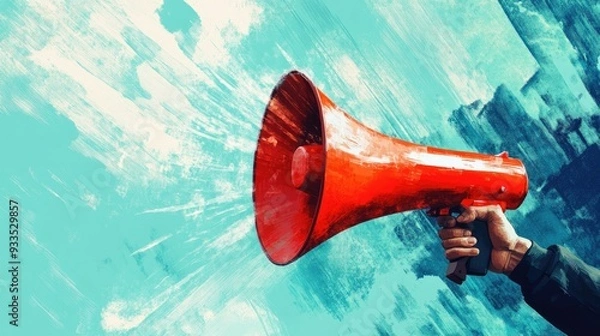 Fototapeta A hand gripping a red megaphone, with sound waves radiating outward, symbolizing bold marketing and effective advertising strategies.