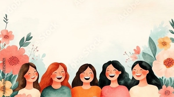 Fototapeta A joyful group of women laughing together, surrounded by colorful flowers, perfect for themes of friendship and positivity.