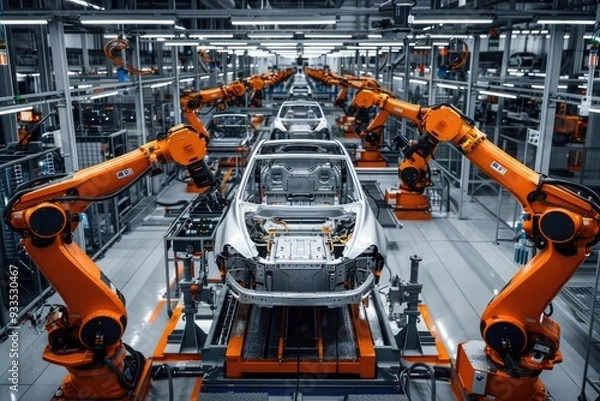 Obraz High-tech factory with automated orange robotic arms assembling EV cars