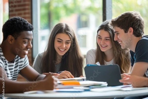 Obraz College students in a study group, collaborating on assignments and discussing course materials, building academic relationships