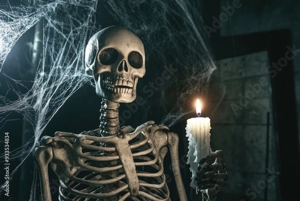 Fototapeta A spooky flyer idea featuring a skeleton holding a candle in a dark room, with cobwebs and flickering shadows adding to the eerie atmosphere