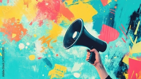 Fototapeta A megaphone held high in a hand, surrounded by abstract marketing visuals, conveying the message of reaching and engaging a wide audience.