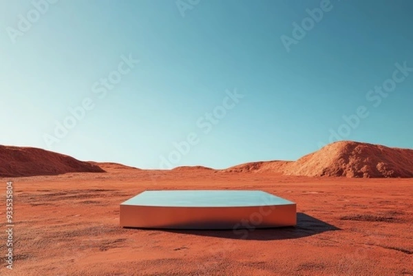 Obraz A modern podium set on the red surface of Mars, with a clear blue sky, providing a striking and unusual backdrop for product displays